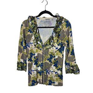 Twelve by Twelve Floral 3/4 Sleeve Full Zip Cardigan Sweater Size Medium Ruffled